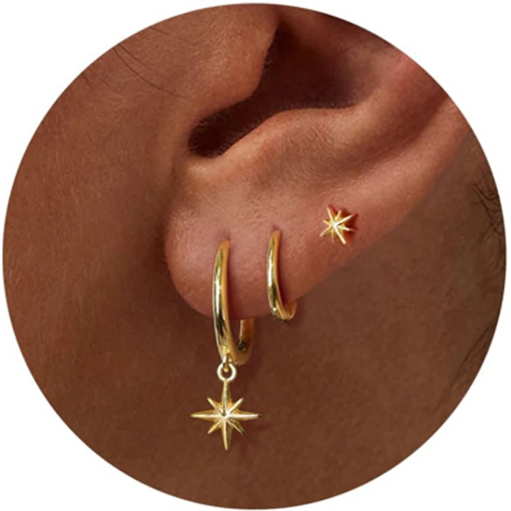 3 Piece Fashion Stainless Steel Round Star Drop Earrings Set for Women