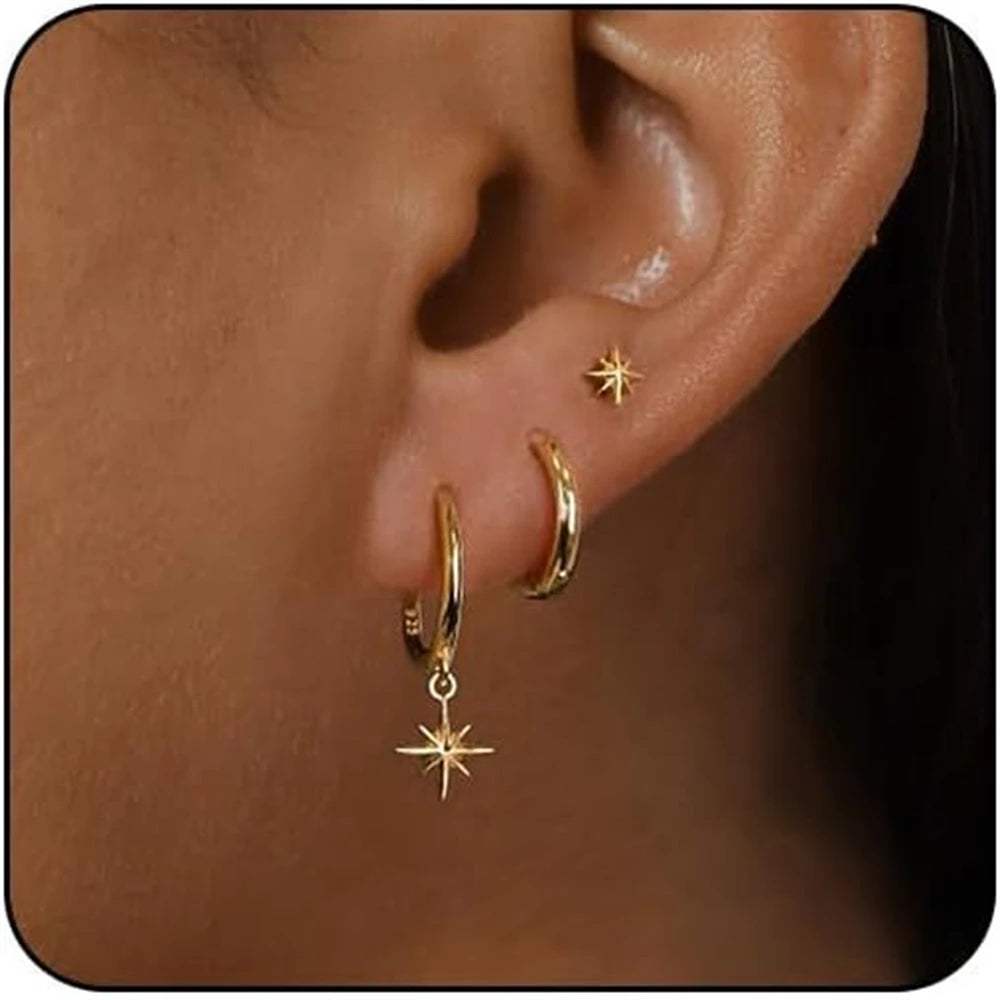 3 Piece Fashion Stainless Steel Round Star Drop Earrings Set for Women