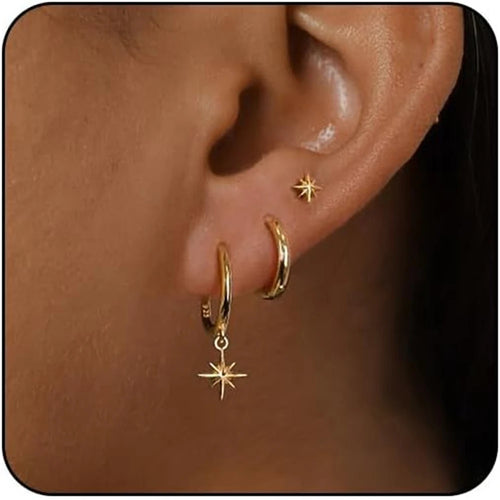 3 Piece Fashion Stainless Steel Round Star Drop Earrings Set for Women