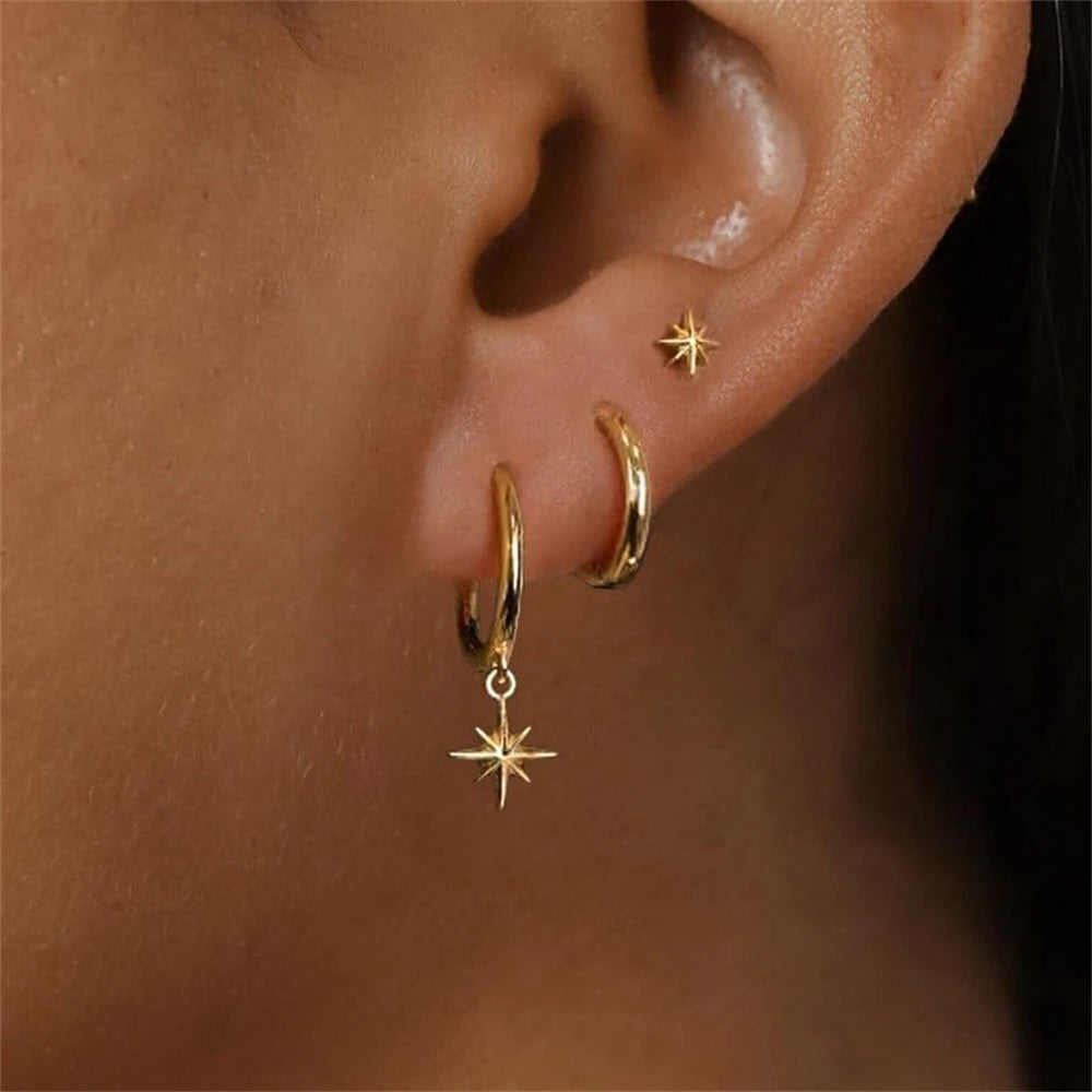 3 Piece Fashion Stainless Steel Round Star Drop Earrings Set for Women