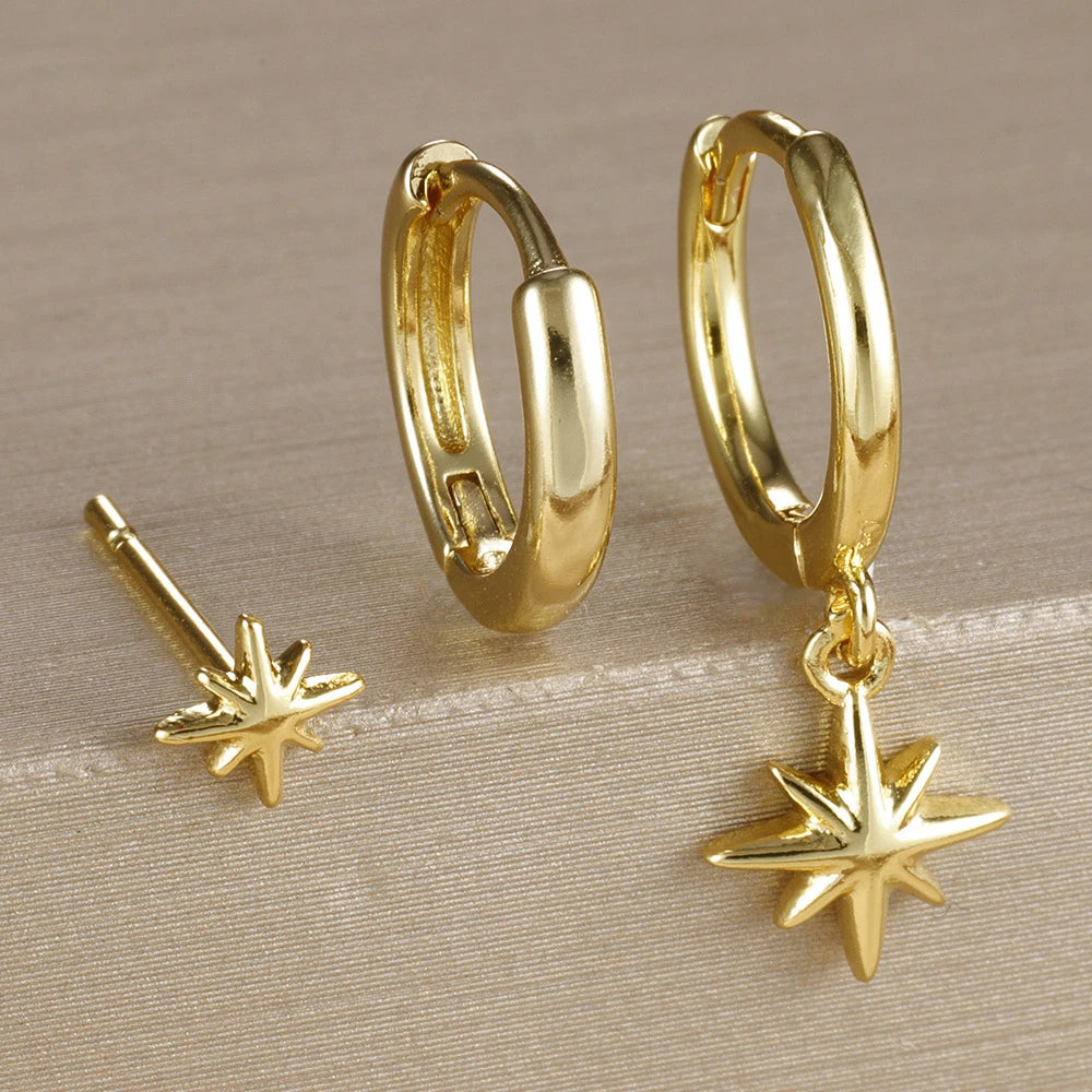 3 Piece Fashion Stainless Steel Round Star Drop Earrings Set for Women